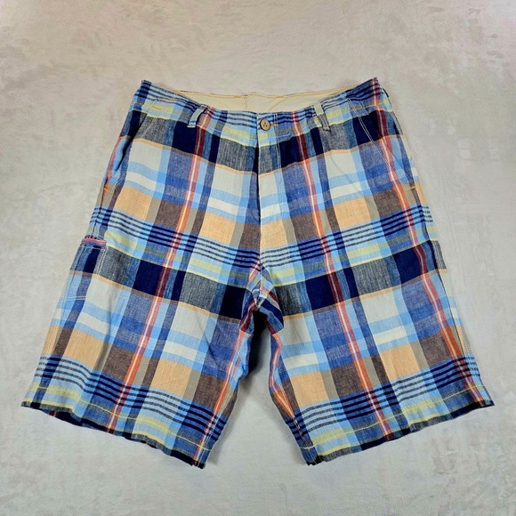 Tommy Bahama Relax‎ Mens Shorts 34 100% Linen Flat Front 10" Inseam Blue Madras - Picture 1 of 9